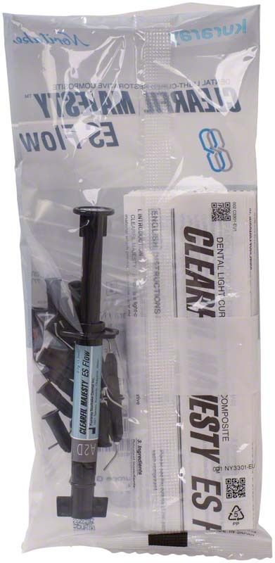 Clearfil Majesty ES Flow Farbe A2D Verpackung mit Spritze und Zubehör.