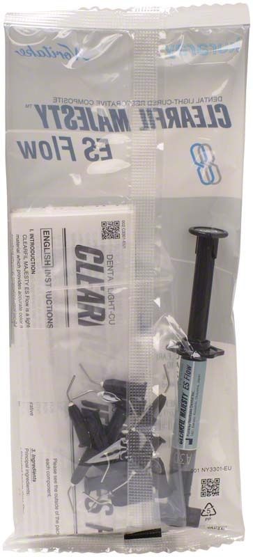 Verpackung von Clearfil Majesty ES Flow Farbe A3D mit Spritze und Zubehör.