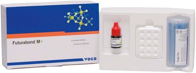 Futurabond M+ Flasche 5ml im Verpackungstablett mit Zubehör.