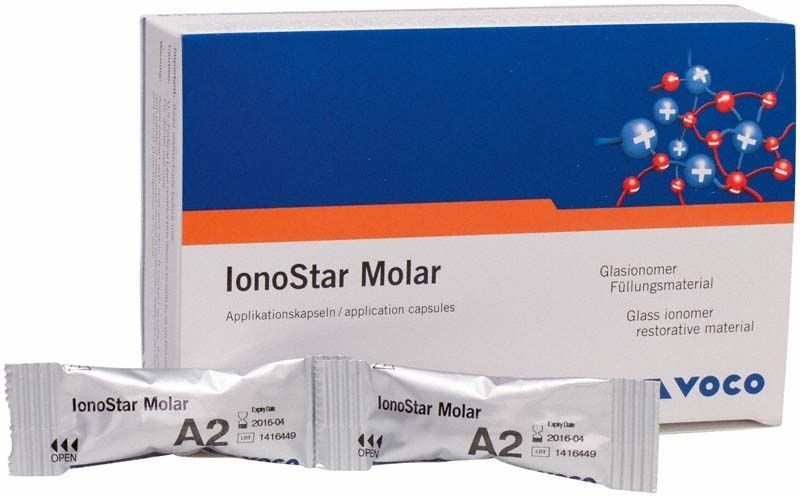 Verpackung der Ionostar Molar AC Kapseln A2 mit zwei Einzelkapseln vorne.