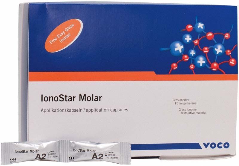 Ionostar Molar AC Kapseln A2 Verpackung mit Applikationskapseln und Grafikelementen.