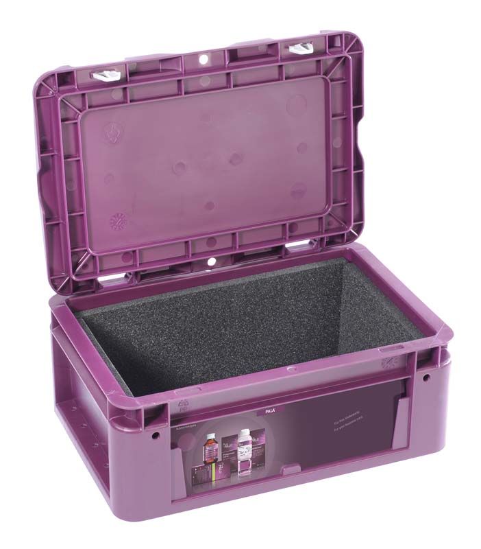 Lila PalaBox mit offenem Deckel und Schaumstoff-Innenauskleidung.