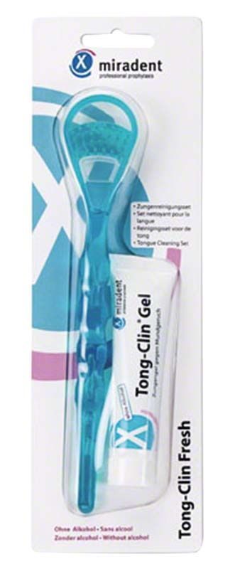 Zungenreiniger-Set Tong-Clin Fresh mit Gel und Zungenreiniger in blauer Verpackung.