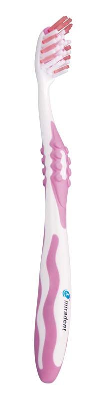 Weiße Zahnbürste mit pinken Borsten und Griff von Carebrush®.