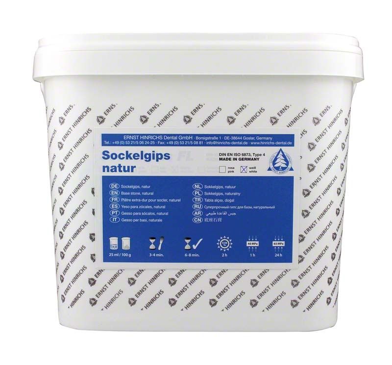 Sockelgips Natur weiß im 10kg-Eimer mit blauem Etikett und Produktinformationen.