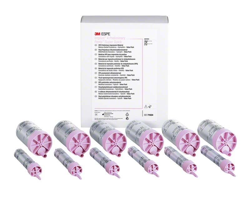 Imprint™ 4 Preliminary Penta™ Super Quick VPS Abformmaterial mit Verpackung und Kartuschen.