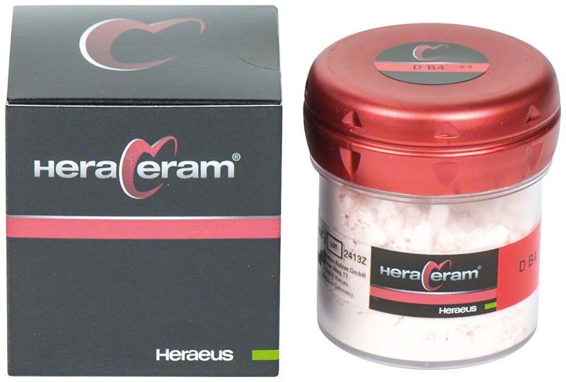 HeraCeram® Dentin 100g DB4 in rotem Behälter und schwarzer Verpackung.