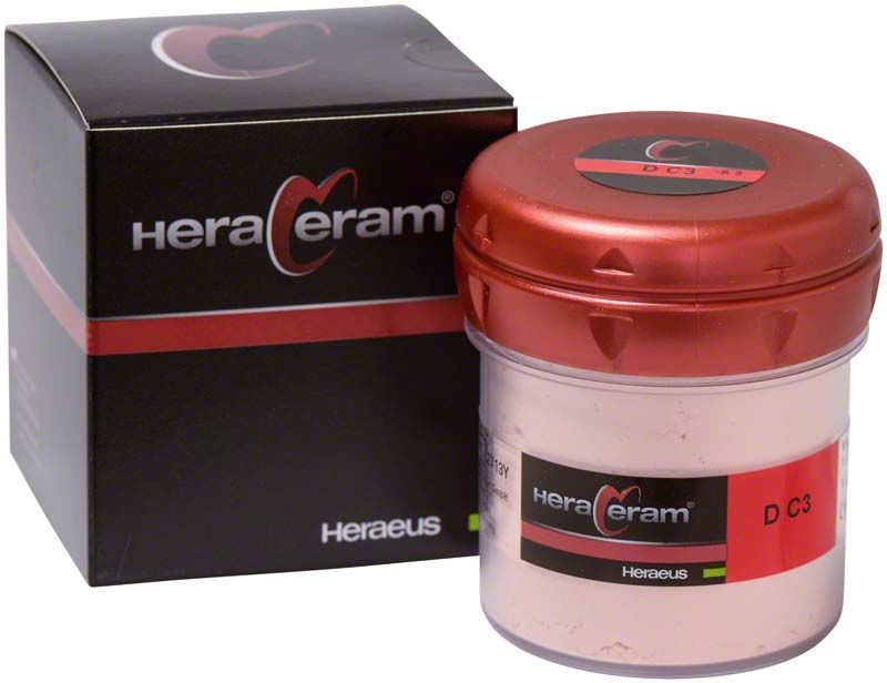 HeraCeram® Dentin 100g DC3 in rotem Behälter neben schwarzer Verpackung.