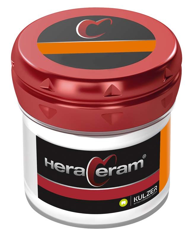 Kunststoffdose von HeraCeram® Mamelon-Dentin MD3 mit rotem Deckel.