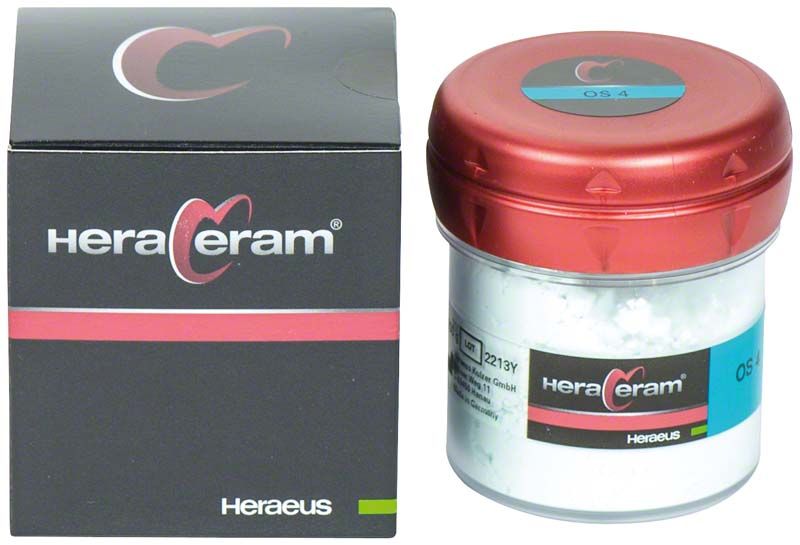 HeraCeram® Opalschneide 100g OS4 in rotem Deckelbehälter neben Verpackung.