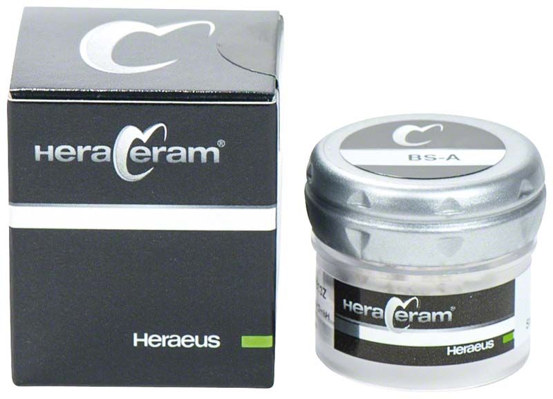 HeraCeram® Stains universal Pulver BS-A in schwarzer Verpackung und Dose.