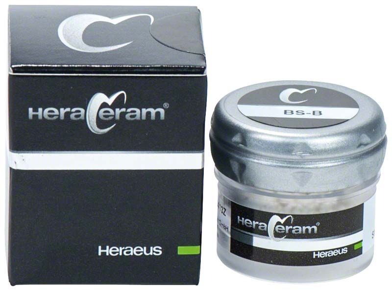 HeraCeram® Stains universal Pulver BS-B in schwarzer Verpackung und Glasbehälter.