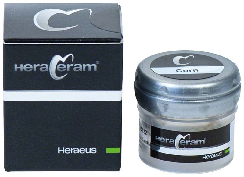 HeraCeram® Stains universal Pulver Corn in schwarzer Verpackung und Dose.