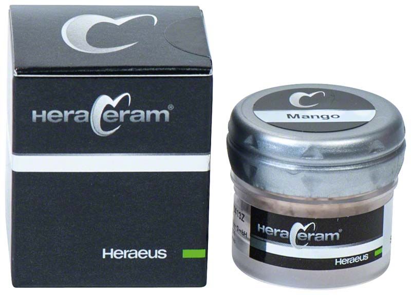 HeraCeram® Stains universal Pulver Mango in Dose neben Verpackung.
