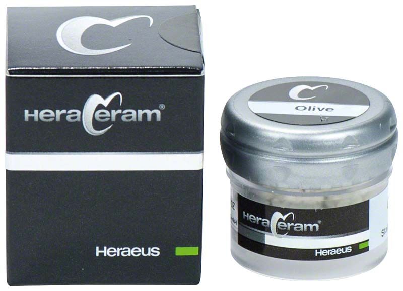 HeraCeram® Stains universal Pulver Olive in Originalverpackung und Glasbehälter.