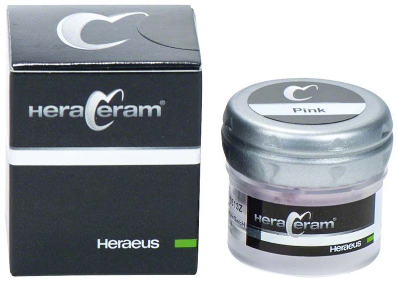 HeraCeram® Stains universal Pulver Pink in Verpackung und Dose.