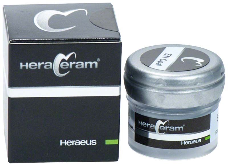 HeraCeram® Stains universal Paste EN Opal in silberner Dose neben Verpackung.