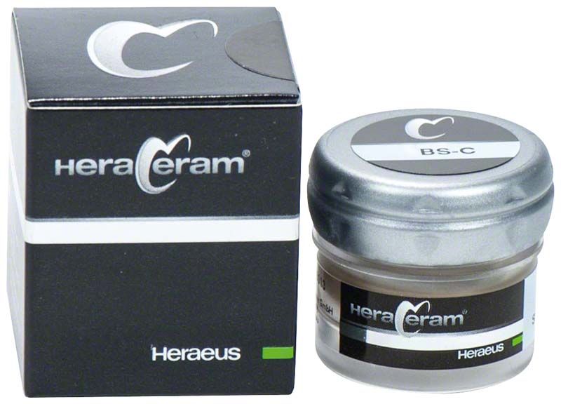 HeraCeram® Stains universal Paste BS-C in Glasbehälter neben Verpackung.