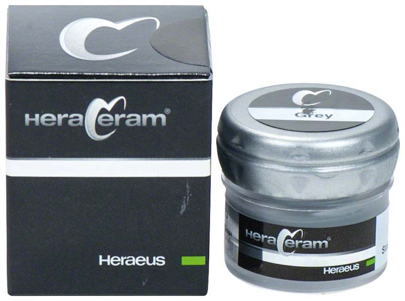 HeraCeram® Stains universal Paste Grey in schwarzer Verpackung und Glastiegel.