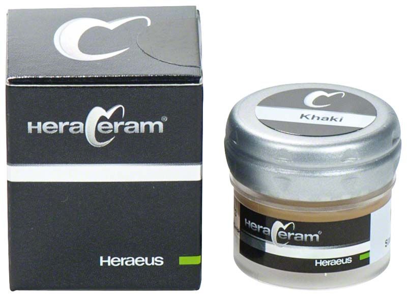 HeraCeram® Stains universal Paste in Khaki mit Verpackung und Glasbehälter.
