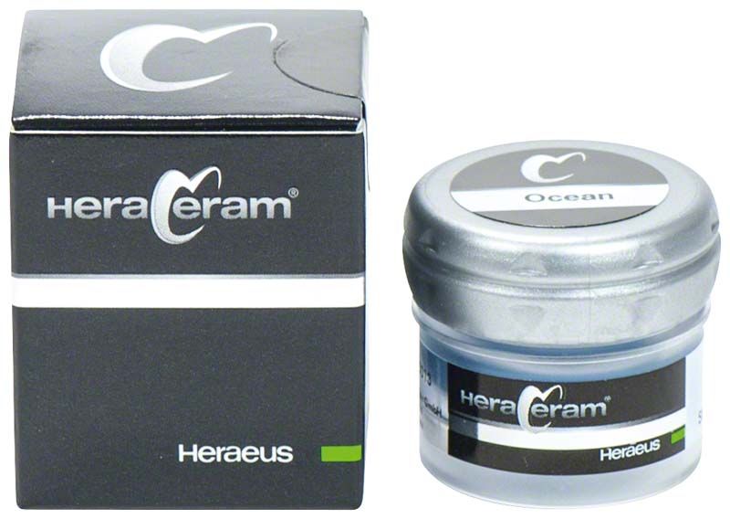 HeraCeram® Stains universal Paste Ocean in schwarzer Verpackung und Glasbehälter.