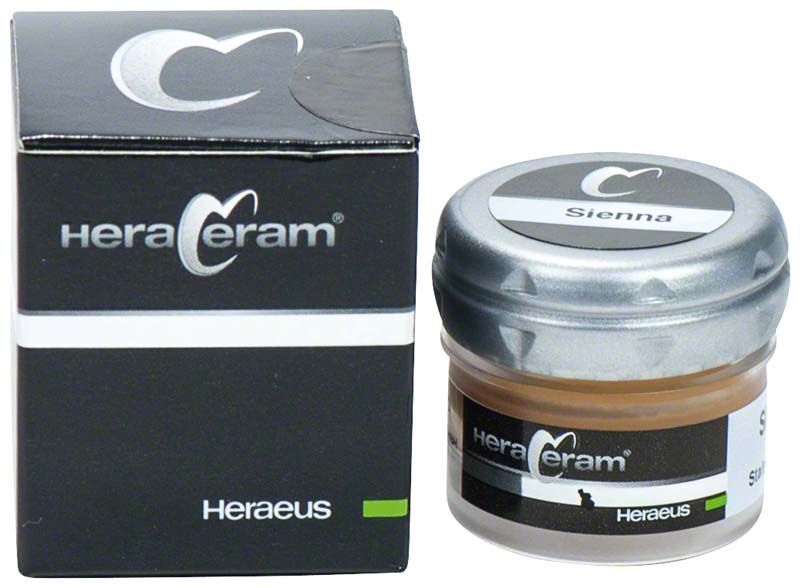 HeraCeram® Stains universal Paste Sienna in Glastiegel neben Verpackung.
