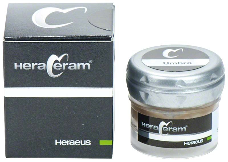 HeraCeram® Stains universal Paste Umbra mit Verpackung und Glasbehälter.