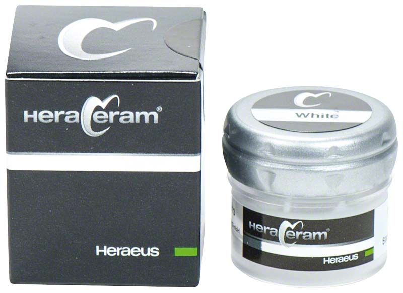 HeraCeram® Stains universal Paste White mit Verpackung und Glasbehälter.