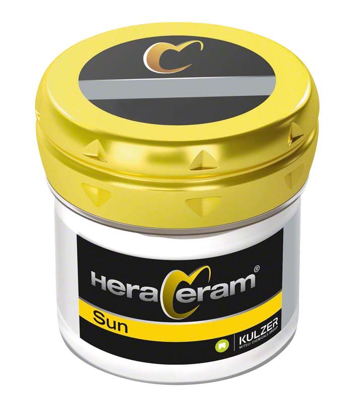 HeraCeram® Sun Korrekturmasse in gelbem Behälter mit schwarzem Deckel.