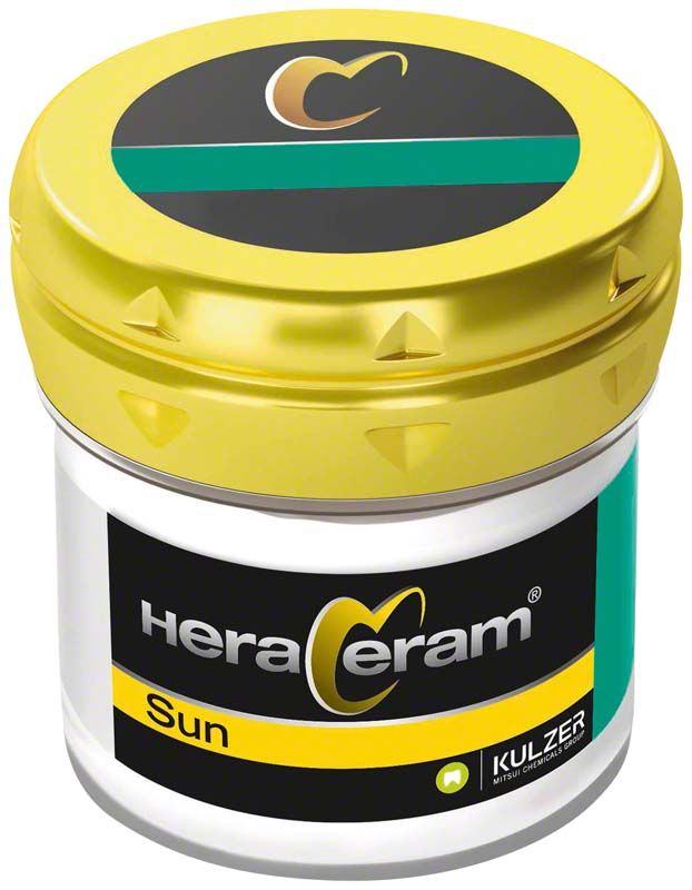 HeraCeram®Sun Schultermasse HM2 in gelber Verpackung mit Logo und Beschriftung.