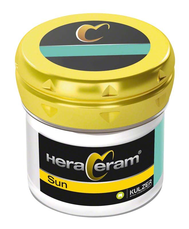 HeraCeram®Sun Schultermasse LM1 in gelber Kunststoffdose mit Logo und Schriftzug.