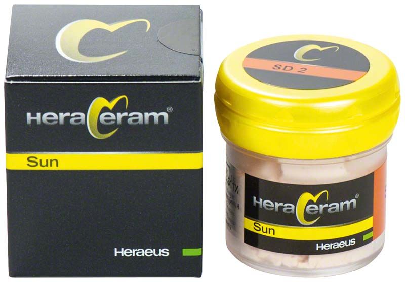 HeraCeram® Sun Sekundärdentin SD2 in schwarzer Verpackung und gelbem Deckel.