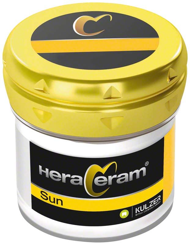 HeraCeram® Sun Value VL4 Keramikpulver in gelbem Behälter mit schwarzem Etikett.