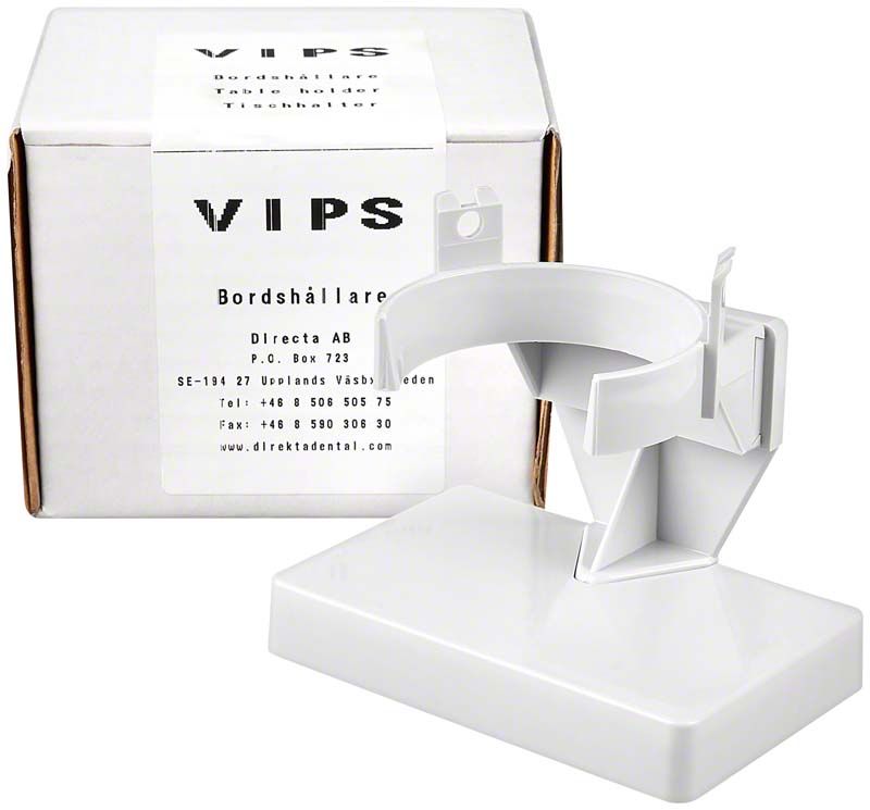 Tischspender Vips™ vor Verpackung mit Aufschrift und Halterung.