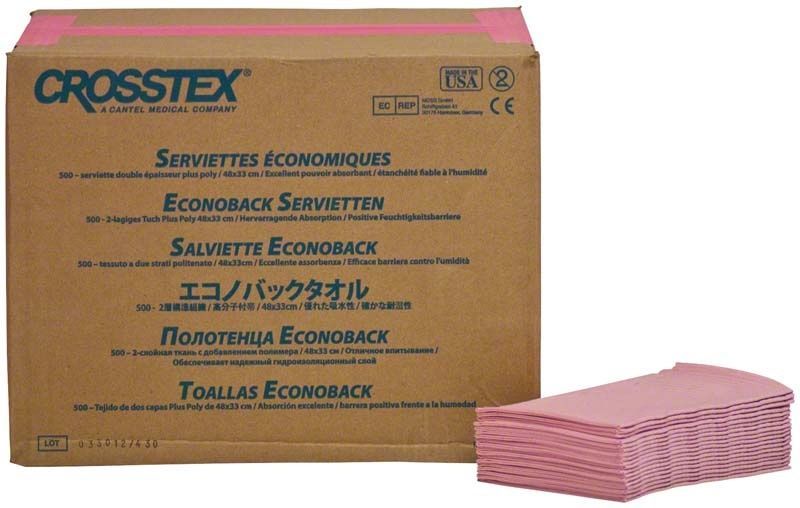Crosstex Patientenservietten in staubigem Rosa neben Kartonverpackung.