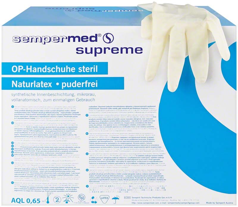 Sterile OP-Handschuhe aus Naturlatex, puderfrei, Größe 6, auf Verpackung.