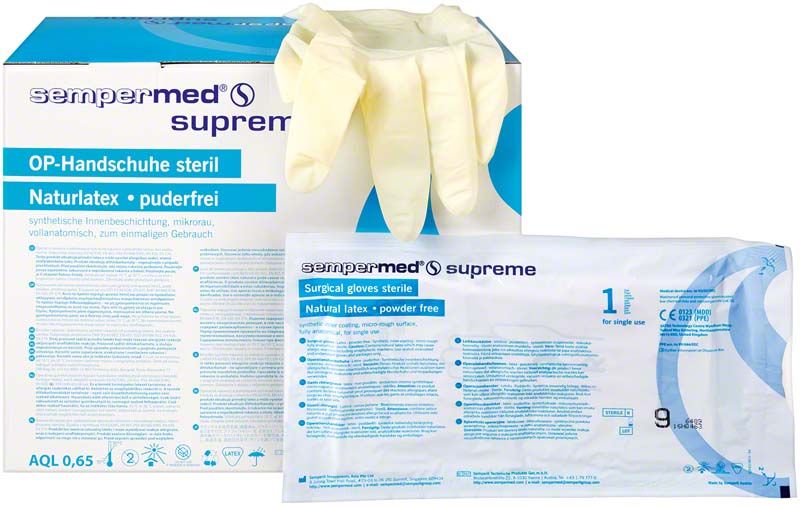 Sterile OP-Handschuhe aus Naturlatex, puderfrei, Größe 9, Verpackung.