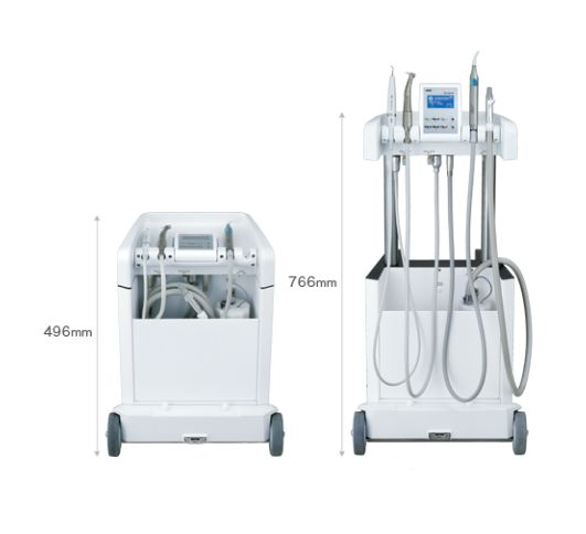 Mobile Dentaleinheit Dentalone mit integriertem Display und Instrumentenhalterungen.