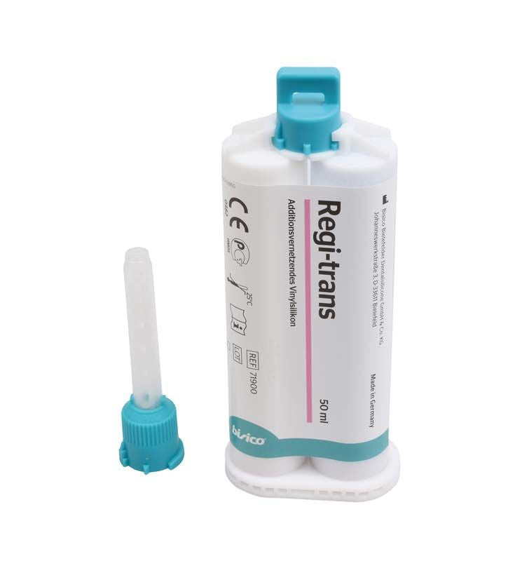 Regi-trans Bissregistriermaterial mit Kartusche und blauer Mischkanüle.