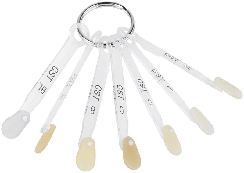 GC Initial MC Chroma Shade Translucent Farbskala mit Kunststoffproben.