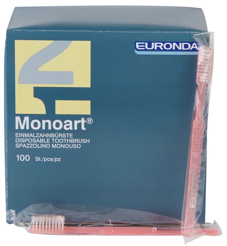 Monoart Einmalzahnbürsten rosa, hygienisch verpackt in blauer Euronda-Box.