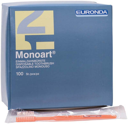 Monoart Einmalzahnbürsten in oranger Verpackung mit Euronda-Logo.