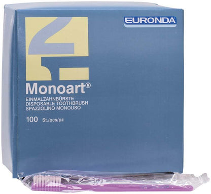 Lila Einmalzahnbürste von Euronda in Einzelverpackung vor Produktkarton.