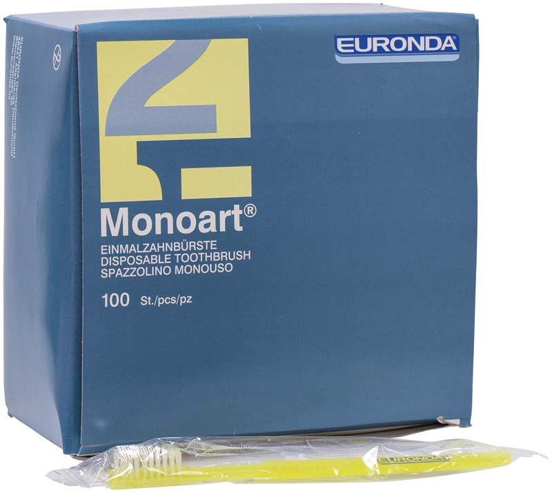 Verpackung der gelben Monoart Einmalzahnbürsten mit einzeln verpackter Bürste.