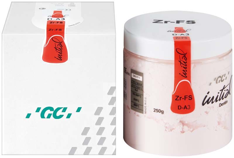 GC Initial Zr-FS Dentin 250g DA3 in weißem Behälter mit rotem Etikett.