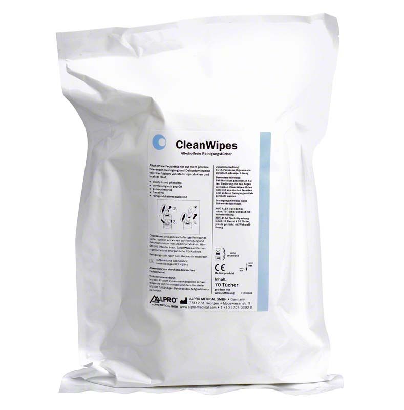 CleanWipes Beutel mit 70 alkoholfreien Desinfektionstüchern für medizinische Nutzung.