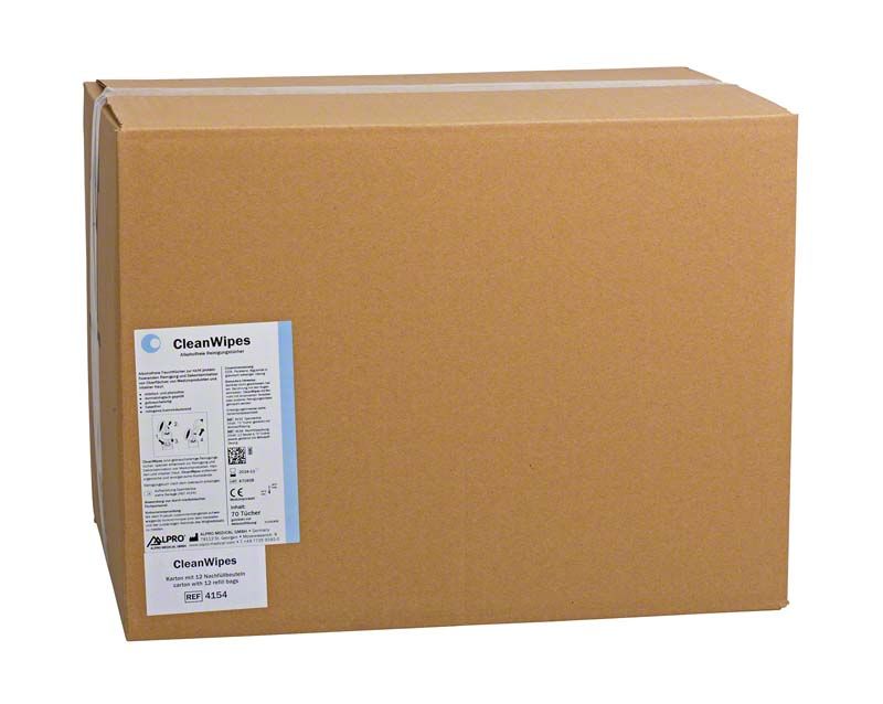 Kartonverpackung der CleanWipes Beutel 12x70 Tücher mit Etikett.