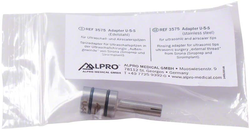 Spüladapter U-5-S aus Edelstahl in transparenter Verpackung.