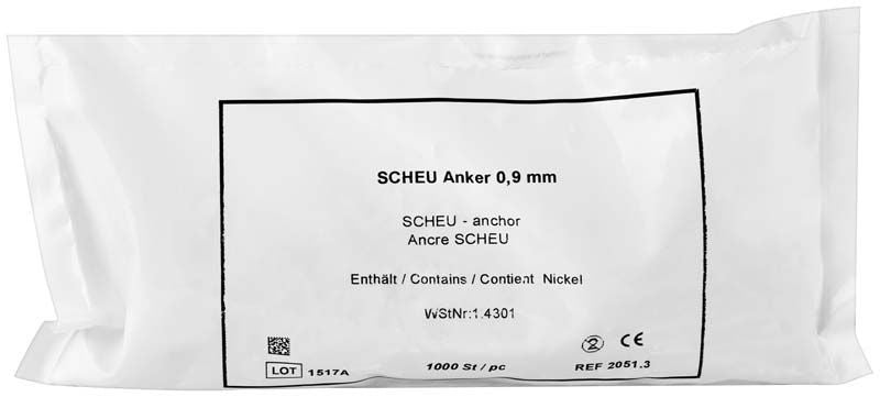 Verpackung der SCHEU-Anker Ø 0,9mm mit 1000 Stück und Produktspezifikationen.