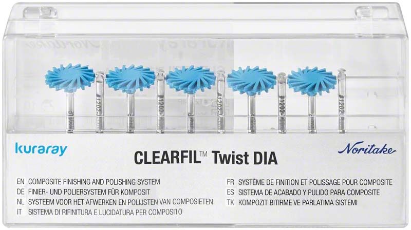 CLEARFIL™ Twist DIA Vorpolierer-Set mit blauen Polierscheiben in Kunststoffbox.